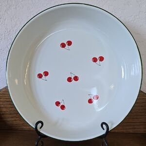 Blue Sky White Serving Bowl with Red Cherry Motif and Green Rim